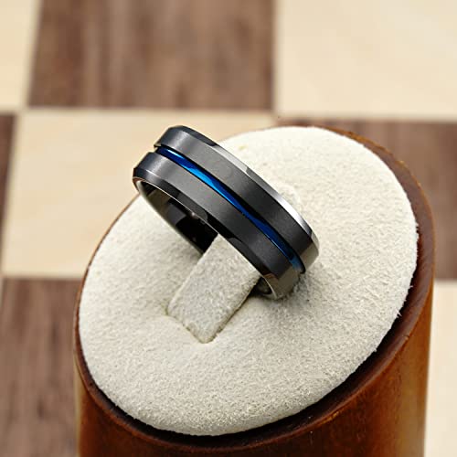 100S JEWELRY Gunmetal Gray Tungsten Ring for Men Blue Groove Line Wedding Band Promise Engagement Size 6-163
