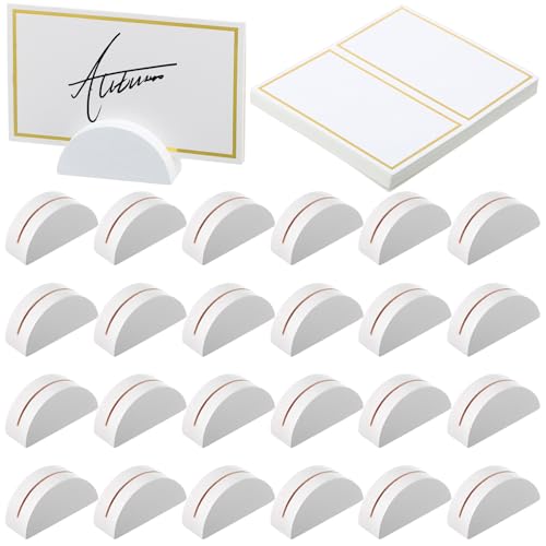 Colingmill 24 Pcs Wooden Table Number Stands Wedding Table Name Holder Semicircular Design Place Card Holders with 24 Pcs Tented Cards for Retail Shop Wedding Party Events Decoration(White)