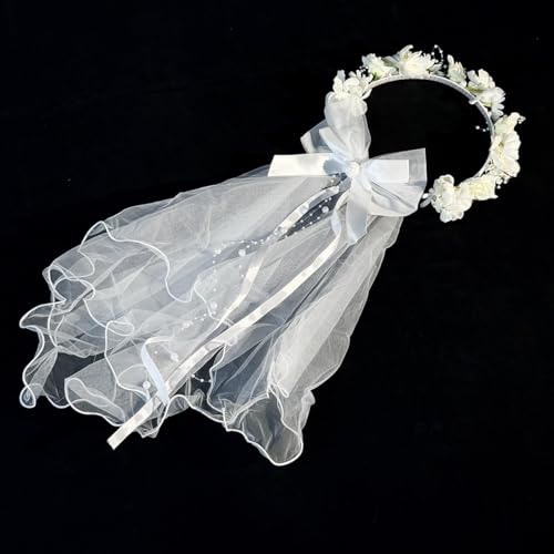 Image of Girls First Communion Holy Veil White Flower Headband Christening Headpiece
