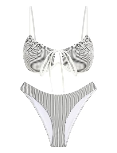 Image of ZAFUL Women High Cut Bikini Sets String Sexy Swimsuit Two Piece Underwire Bathing Suit Brazilian Cheeky Cut Out Cute Swimwear