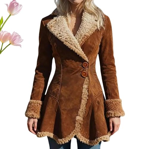 Kirposh Abrigo de piel de oveja sintética con ribete for mujer, abrigo de invierno con botones, chaqueta de forro polar de piel sintética de corte entallado.(Brown,XL)