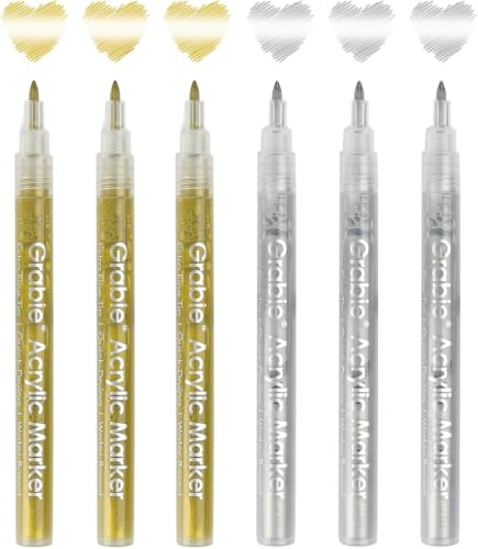 Image of Grabie Gold&Silver Acrylic Paint Marker Set, Extra Fine Tip, 6 Pieces, Gold Paint Markers, 0.7mm Acrylic Paint Pens for Black Paper, Halloween Pumpkin, Christmas, DIY, Silver Pen (Gold and