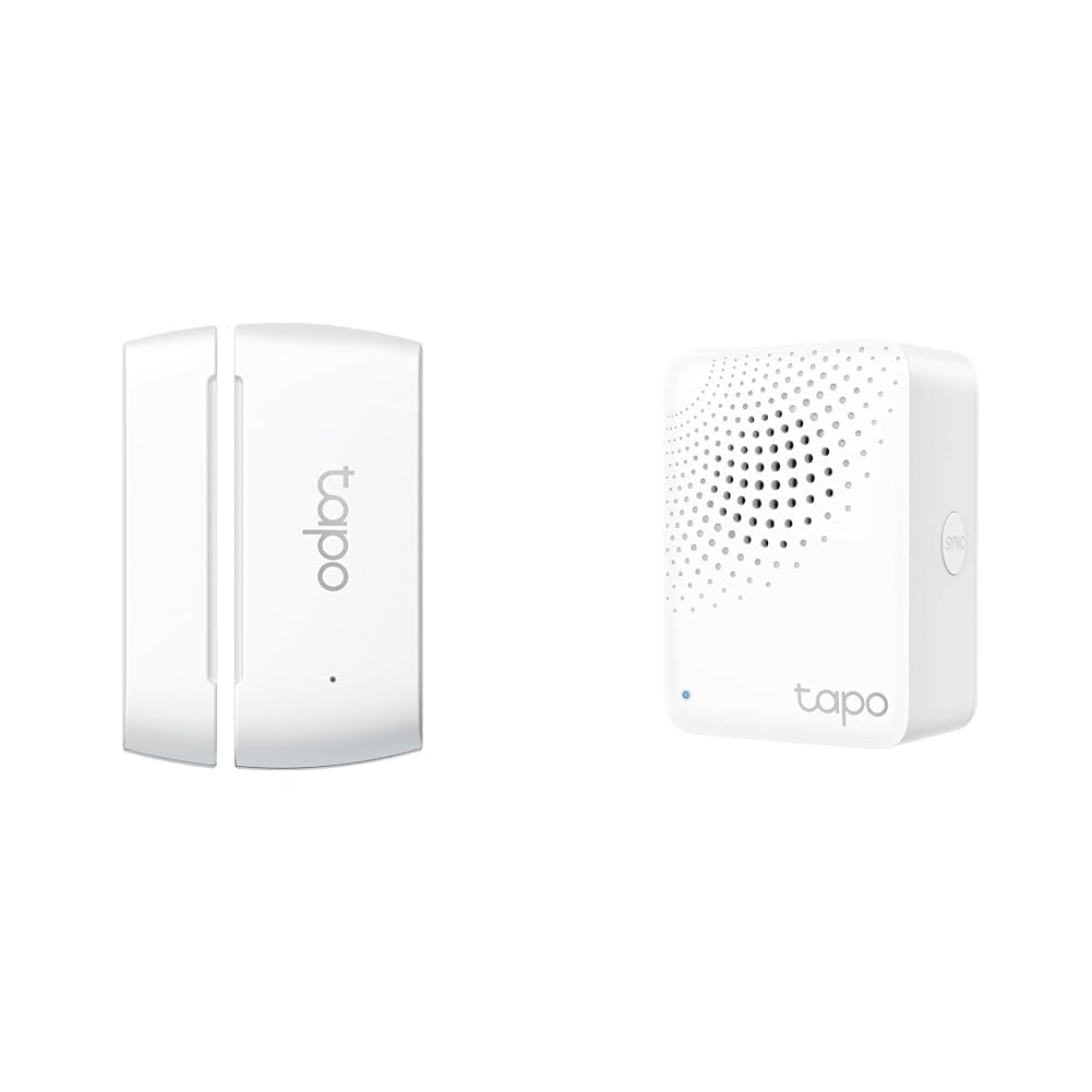 TP-Link Sensore di Contatto Intelligente + Tapo Hub, Domotica, Risparmio Energetico, T110 Smart Contact Sensor, H100 Smart Hub, Centro Casa, Allarme, Campanello, Wireless, Bianco. A Batteria