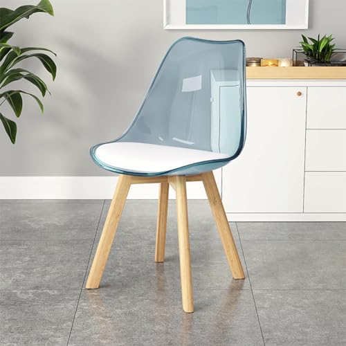 Moderna silla de comedor tapizada con respaldo alto transparente con patas de haya maciza, almohadilla antideslizante, elegante asiento de sala de estar para el hogar, cocina y oficina, color azul