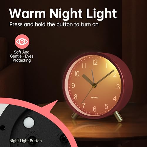 Image of JALL Analog Alarm Clock, 4 inch Super Silent Non Ticking Small Clock with Night Light, Battery Operated, Simple Design, Easy Setting for Office, Bedroom, Bedside, Desk, Teens, Elders, Adult, Red