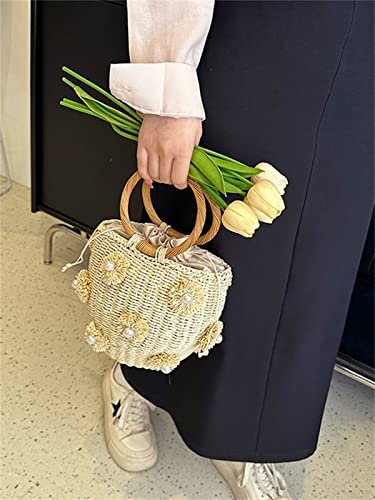 Image of Summer Straw Bag for Women Pearl Flower Bucket Tote Bag Diamond Handbag Hand Woven Rattan Shell Purse Drawstring
