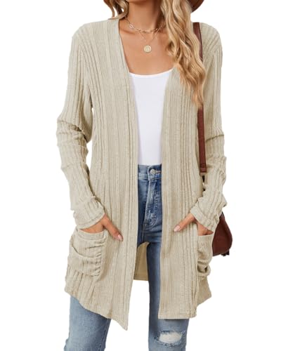 GRMLRPT Cárdigan Largo Mujer Manga Larga de Punto Chaqueta Ligera Frente Abierto Jersey Cárdigans Ropa Elegante de Suéteres Largos con Bolsillos(Beige,L)