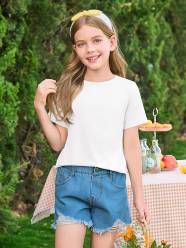 Image of Haloumoning Girls Short Sleeve T Shirts Summer Crewneck Shirt 5-14 Years | Casual, Solid, Loose Fit, Basic tees, Curve Hem, Soft Tunic Tops