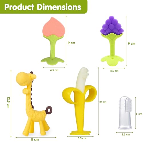 Image of Kidology Baby Teether for 3 to 12 Months | Silicone Teething Toys & Soft Chew Toy for 3 Month Old Baby | BPA-Free Giraffe & Fruit Shapes with Finger Toothbrush | Ideal Baby Gift Set Boys Girls