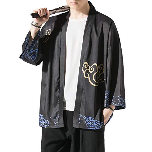 Image of Men's Japanese Kimono Robe Jacket Lightweight 3 /4 Sleeve Open Front Yukata | Silky Smooth Fashion Print Happi Coat Lightweight Breathable Loose Unisex Haori Casual Summer Cardigan Daily Beach Vacation