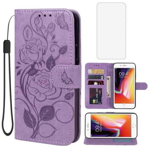 Vavies Case for iPhone SE 2022/SE 3 2022/iPhone SE 2020/iPhone 7/iPhone 8 Wallet Case with Tempered Glass Screen Protector, Flower Leather Flip Credit Card Holder Stand Phone Cover for iPhone 8 Purple