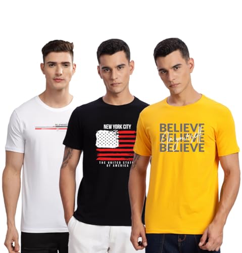 Image of ADRO 100% Cotton Lycra Tshirts for Men Combo Pack of 3 | Regular Fit | Printed T Shirt | Round Neck Half Sleeve| Mens Tshirts