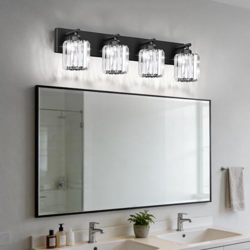 Image of Black Crystal Bathroom Vanity Light, 4-Light Modern Bathroom Lighting Fixtures Over Mirror, Matte Black Wall Sconce Light Fixtures with Round Shade