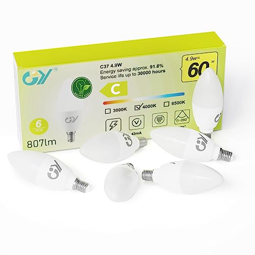 GY 4.9W Bombilla Led E14 4000K Luz Blanco Natural, 807 Lúmenes, No Regulable - Clase C Bombilla Bajo Consumo, C37 Bombillas E14 LED Vela Pack de 6