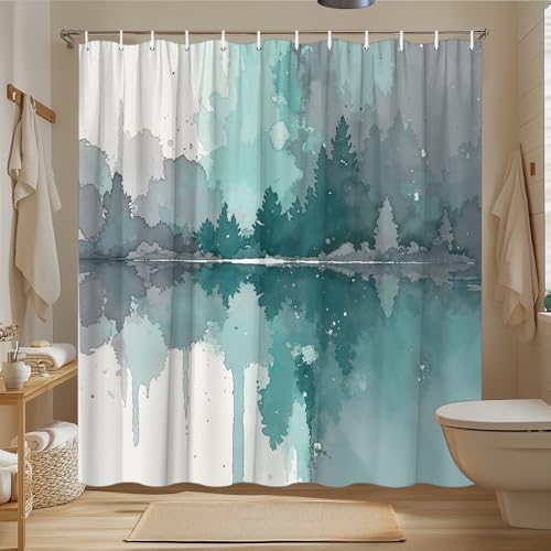 Rideau de douche abstrait gris sarcelle 220x160cm avec crochets - 4