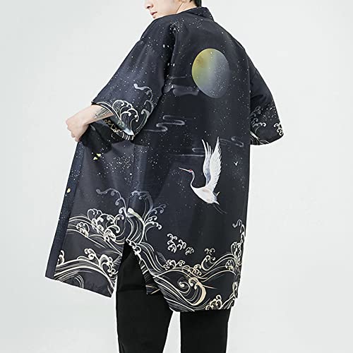 Image of HAORUN Men Japanese Kimono Coat Loose Yukata Outwear Long Bathrobe Tops Vintage