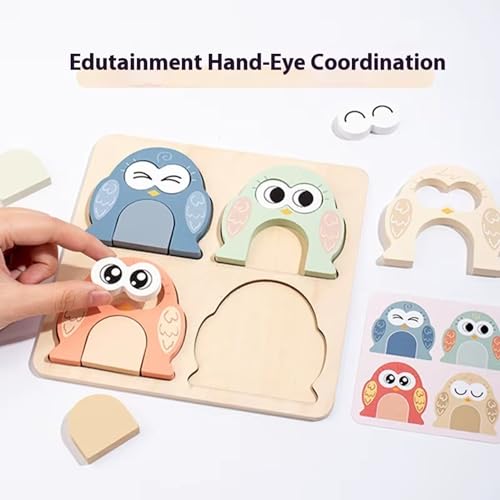 Image of Lefan Montessori Wooden 3D Cute Owl Face Changing Puzzle for Kids Emotional Expression Matching Game with 10 Double-Sided Question Cards Educational Wooden Toy for Preschool Boys Girls Ages 3-6