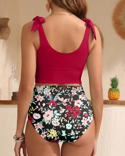 Image of Yonique Two Piece High Waisted Swimsuits Tummy Control Bikini | Full Coverage; Full Lining; Tie shoulder knots to ease ache; Cool airflow via scoop U-back