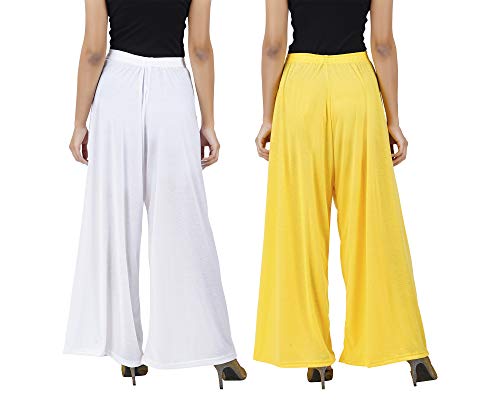 Image of Buy That Trendz M to 4XL Cotton Viscose Loose Fit Flared Wide Leg Palazzo Pants for Women White Yellow Combo Pack of 2