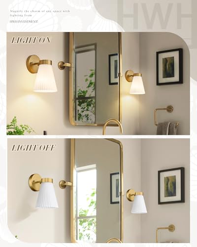 Image of Gold Wall Sconce, HWH Single Wall Light Fixture Brushed Gold Wall Lamp with Frosted Milk White Striped Glass Shade, Modern Indoor Wall Sconce for Kitchen Bedroom Schoolhouse, 5HZG97B BG
