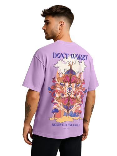 Image of Veirdo Pure Cotton Oversized Baggy Fit Drop Shoulder Stylish and Graphic Printed Round Neck Half Sleeves T-Shirt for Men (Available Color Options: Black, Green, Royal Blue, Lilac & Sky Blue)