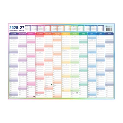 DITI Days Academic Wall Planner 2026-2027 (Aug-Jul) A2 Dry-Wipe Reusable Student University Calendar - UK & Ireland Bank Holidays - 59x42cm Gloss Laminated Mid-Year Organiser for Home Office & School