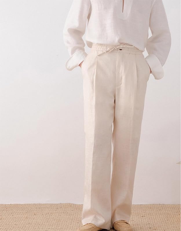 Men's Casual Linen Pants Beach Summer Drawstring Elastic Waist Lightweight Pants Vacation2