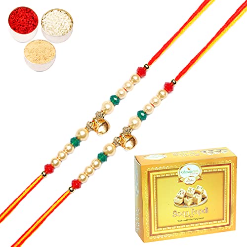 Ghasitaram Gifts Rakhi for Brother Rakhis Online – Set of 2-6149 Pearl Rakhi For my Brother with 200 gms of Soan Papdi Ghasitaram Gifts Rakhi for Brother Rakhis Online – Set of 2-6149 Pearl Rakhi For my Brother with 200 gms of Soan Papdi