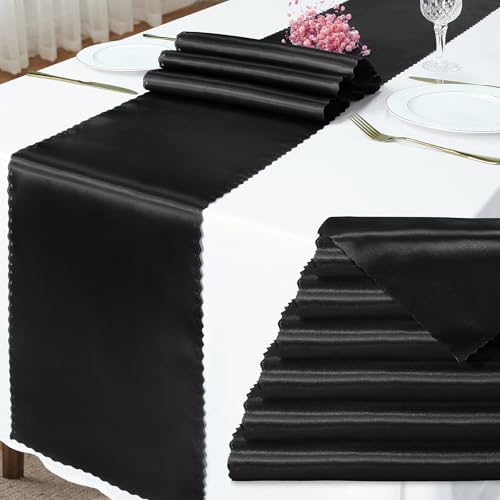 Eychei Lot de 6 chemins de table en satin noir brillant avec bords festonnés – Décorations soyeuses pour mariage, banquet, fête d'anniversaire, remise de...