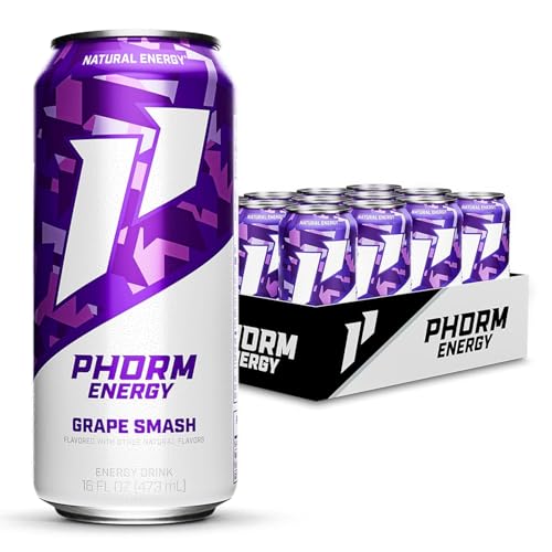Phorm Energy Drink, Grape Smash Flavor, 200 MG Natural Caffeine From Green Tea, Sugar Free Carbonated Drink With Electrolytes & Vitamin B12, Dairy & Gluten Free, Vegan, 16 FL Oz Cans, 12 Pack