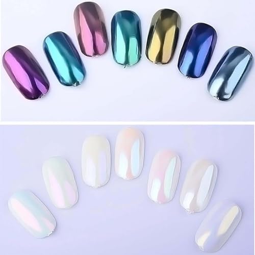 Image of 7 Colors Pearl Chrome Nail Powder Iridescent Aurora Powder Metallic Mirror Effect Glitter Powders Pearlescent Ice Transparent Mermaid Pigment Dust for Gel Polish Nail Art Decoration