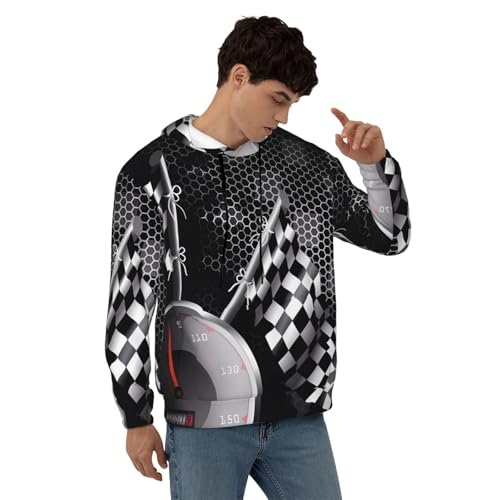 Men's Fleece Pullover Hoodies, Checkered Flag Racing Printed Casual Drawstring Hooded Sweatshirts4