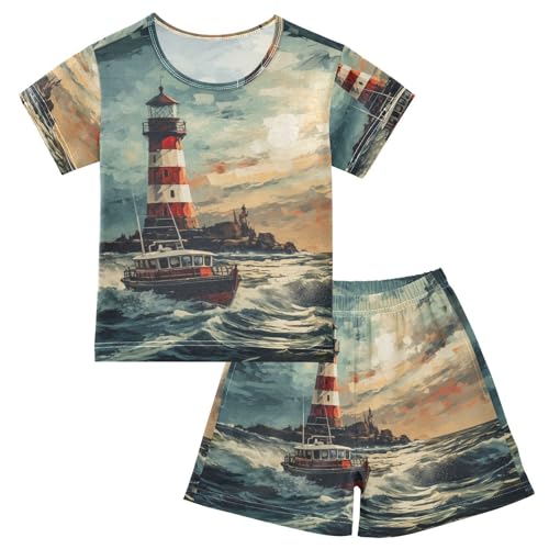 ALAZA Nautical Lighthouse and Boat Pajama Set Short Sleeve Sleepwear Soft Lounge Nightwear