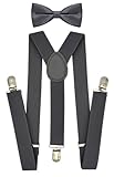 trilece Grey Suspenders and Bow Tie Set for Boys,Kids, Girls, Toddlers,Baby,Adjustable Elastic 1 inch Wide Y Shape,Heavy Duty Strong Clips,Ring Bearer Outfit (6 Years to 5 Feet, Grey)