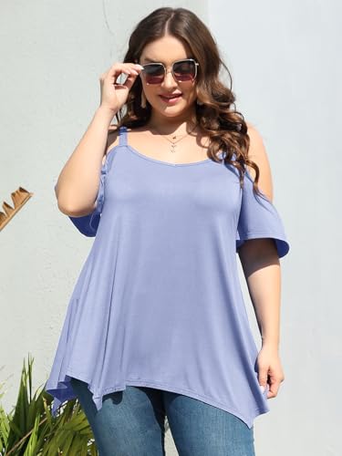 Image of LARACE Cold Shoulder Tops for Womens Summer Clothes Spaghetti Strape Tunic Oversized Shirts Asymmetrical Plus Size Blouse