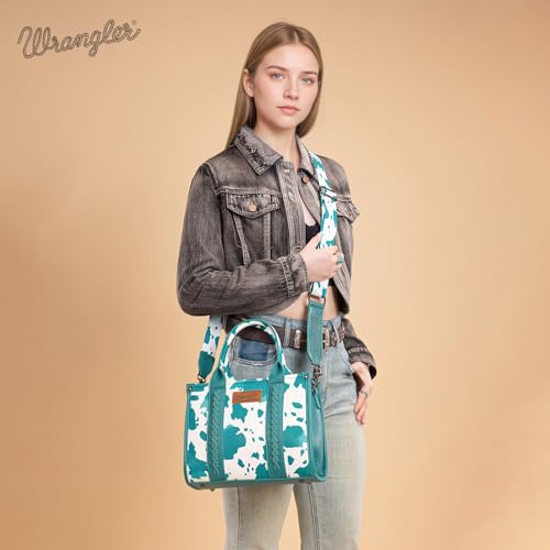 Image of Wrangler Cow Print Tote Bag for Women Western Purse Boho Top Handle Satchel Handbag with Signature Strap