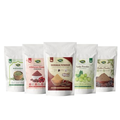 Image of Thanjai Natural Amla, Reetha, Shikakai, Bhringraj, & Hibiscus Powder Combo (100g Each) | Herbal Hair Care Powder Kit | Natural hair Cleanser Conditioner | No Chemicals, No Preservatives