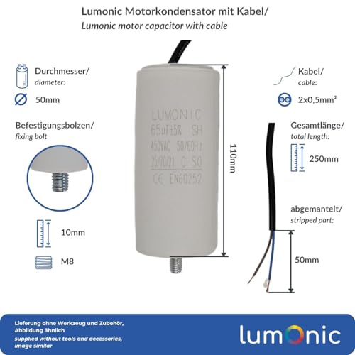 Lumonic Kondensator rozruchowy 65µF 450V | z Kabel I 50x110mm I 65uF I Kondensator silnikowy z plastikowa obudowa I Kondensator operacyjny I do pomp, kosiarek, narzedzi