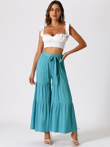Image of Allegra K Women's 2026 Summer Wide Leg Palazzo Pants High Waisted Flowy Trendy Casual Lounge Boho Beach Ruffles Trousers