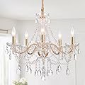 AMZASA Crystal Gold Chandelier, Glass Crystal Hanging Pendant Lighting, 5 Light French Country Gold Crystals Chandelier for Ceiling Medallions,Wedding,Dining,Kitchen, Foyer,Dia 20'' Golden
