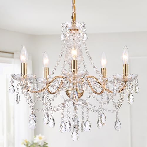 AMZASA Crystal Gold Chandelier, Glass Crystal Hanging Pendant Lig...