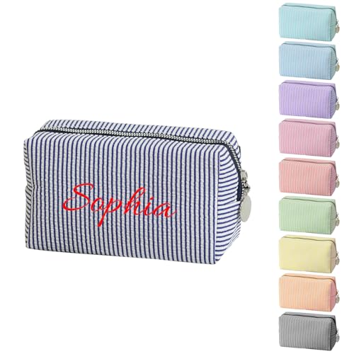 Image of Personalised Stripe Makeup Bag, Custom Embroidered Name Cosmetic Bag, Portable Travel Toiletry Bag, Monogrammed Wash Bag, Gift for Women Bridesmaid Birthday Mother's Day (Navy Blue)