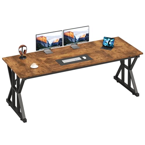 Image of 63 inch Large Computer Desk with Thickened Frame for Home Office, Living Room | Modern Simple Executive Desk, Larger Gaming Desk with X-Shaped ReInchforcement, Rustic Brown