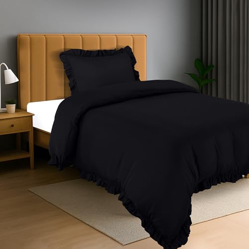 Utopia Bedding Ruffle Duvet Cover - Single Duvet Cover Set with Pillowcase - Soft Microfibre Polyester Ruffle Bedding (Black)