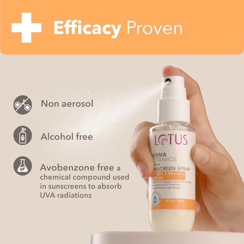 Image of Lotus Dermabotanics 3% Vitamin C Complex + Ceramide Complex UV Aqua Sunscreen Spray SPF 50 and PA++++ | Fast Absorbing | Water Texture | Light Weight | Broad Spectrum UV Protection | Made With Dermatologists | All Skin Types | 50ml