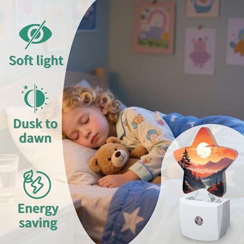 Image of Sunset Mountains Forest Star Night Light Plug in, Soft Glow Night Light for Kids Bedroom Nursery, Gentle Warm Light for Sleep, Compact Lamp for Hallway Bathroom