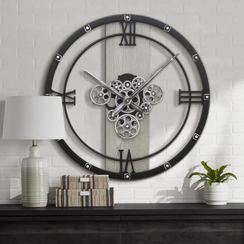 Micasso 24 inch Large Real Moving Gears Wall Clock: Black