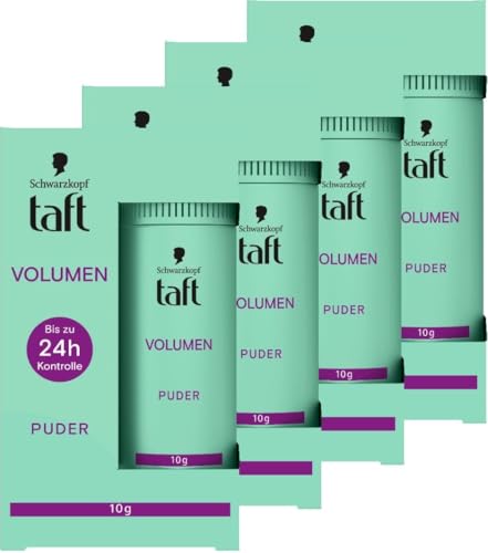 Schwarzkopf Taft Haarstyling Puder Volumen (4x 10g), Volumen-Haarpuder für voller aussehendes Haar, für bis zu 50 Anwendungen, veganes, Styling-Puder