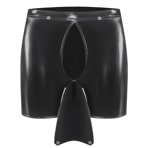 Cueca boxer masculina de couro brilhante, sexy abaixo da virilha aberta, bolsa com fivela destacável