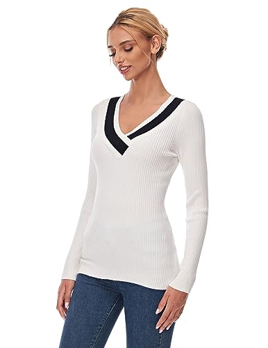 Image of AmelieBoutik Women Casual Color Trim V Neck Long Sleeve Ribbed Sweater Tops